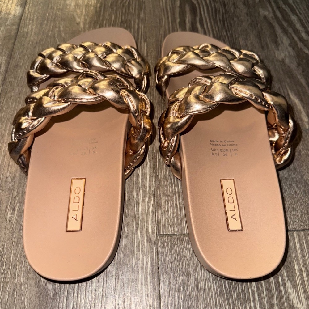 Aldo Metallic Braided‎ Double Strap Slides – Rose Gold, Size 8.5 NWOT - Picture 3 of 8